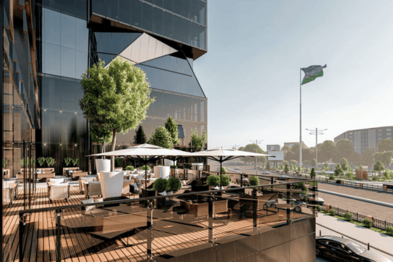 Рендер общественной террасы на втором этаже зоны рекреации.