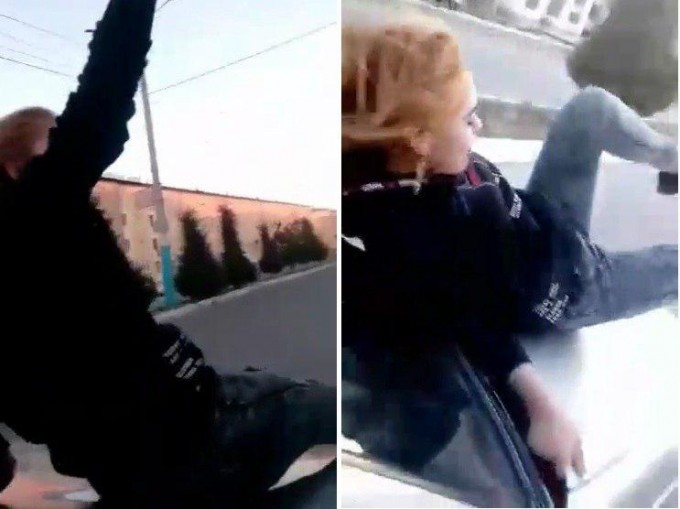 В Самарканде девушка с ветерком проехалась на капоте машины и заинтересовала УВД (видео)