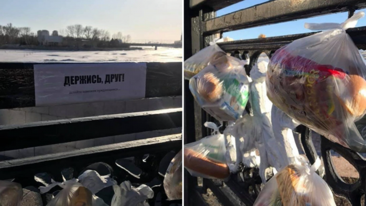 Местные жители Нур-Султана привязали пакеты с продуктами и антисептиками для бездомных и нуждающихся