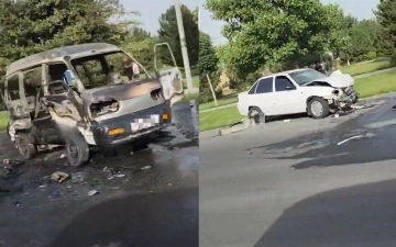 В Кашкадарье Damas загорелся после столкновения с Nexia-2, есть пострадавший (видео)