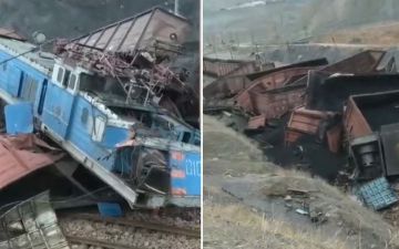 Порядка 20 товарных вагонов сошли с рельсов в результате столкновения двух грузовых поездов в Ангрене - видео