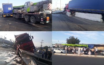 Битва тяжеловесов: в Ташкенте столкнулись автокран и грузовик - видео